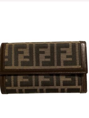 Authentic Fendi Brown Zucca Print FF Logo Trifold Compact Wallet/ EUC